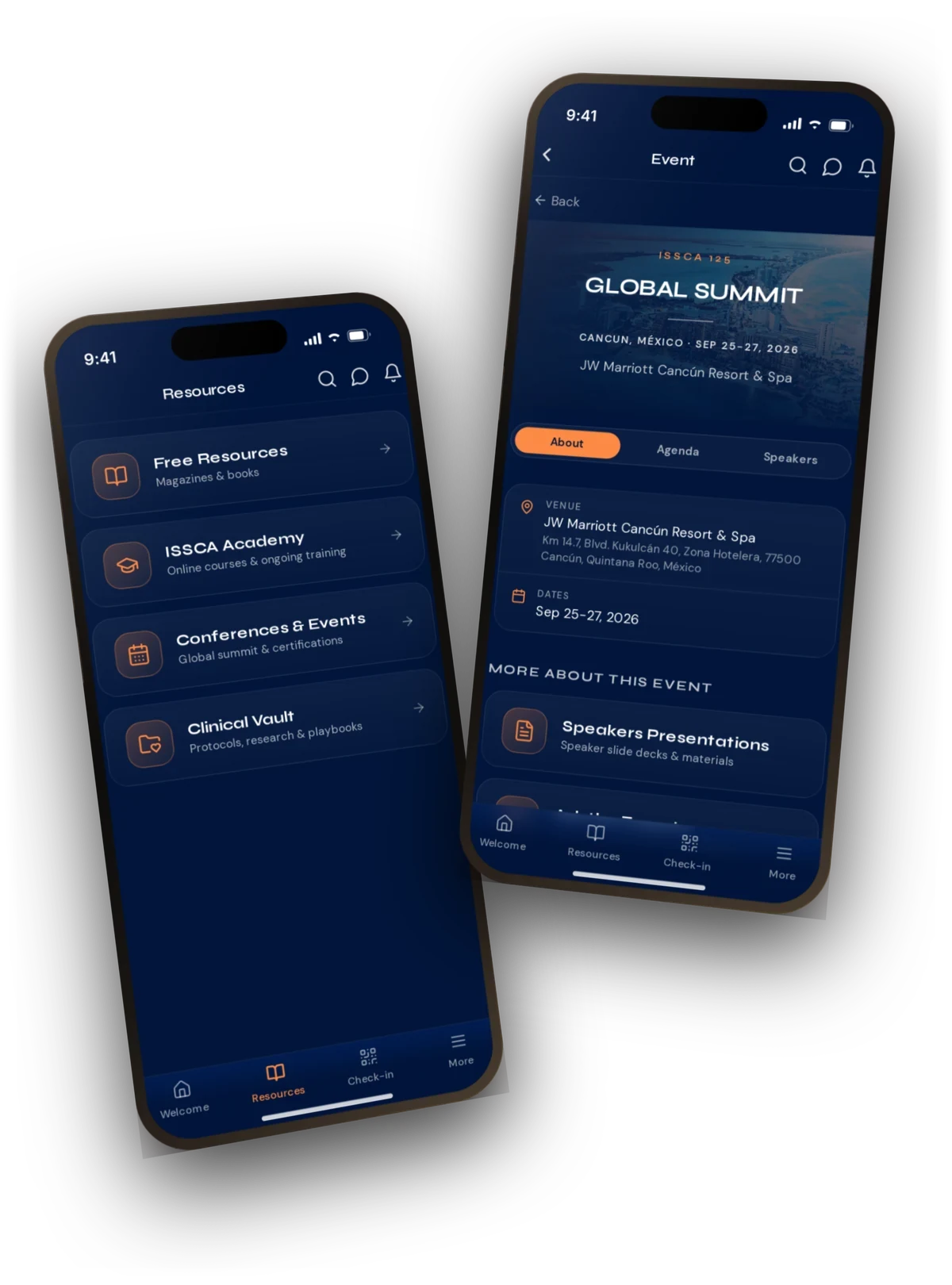 The ISSCA App on iPhone: the Resources hub and the ISSCA 125 Global Summit event page with venue and dates