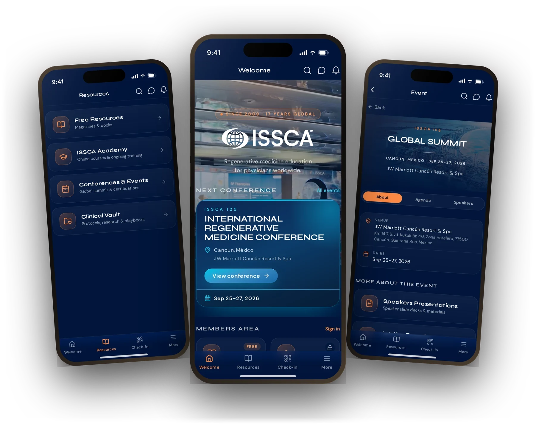 The ISSCA App on iPhone: Resources hub, welcome screen with the next ISSCA conference, and the ISSCA 125 Global Summit event page