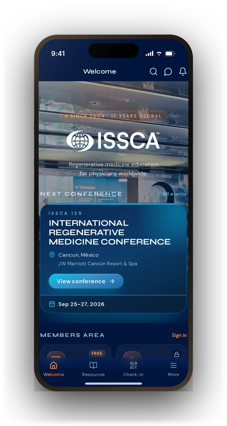 The ISSCA App welcome screen on iPhone: next conference ISSCA 125 Global Summit in Cancún, September 25–27, 2026