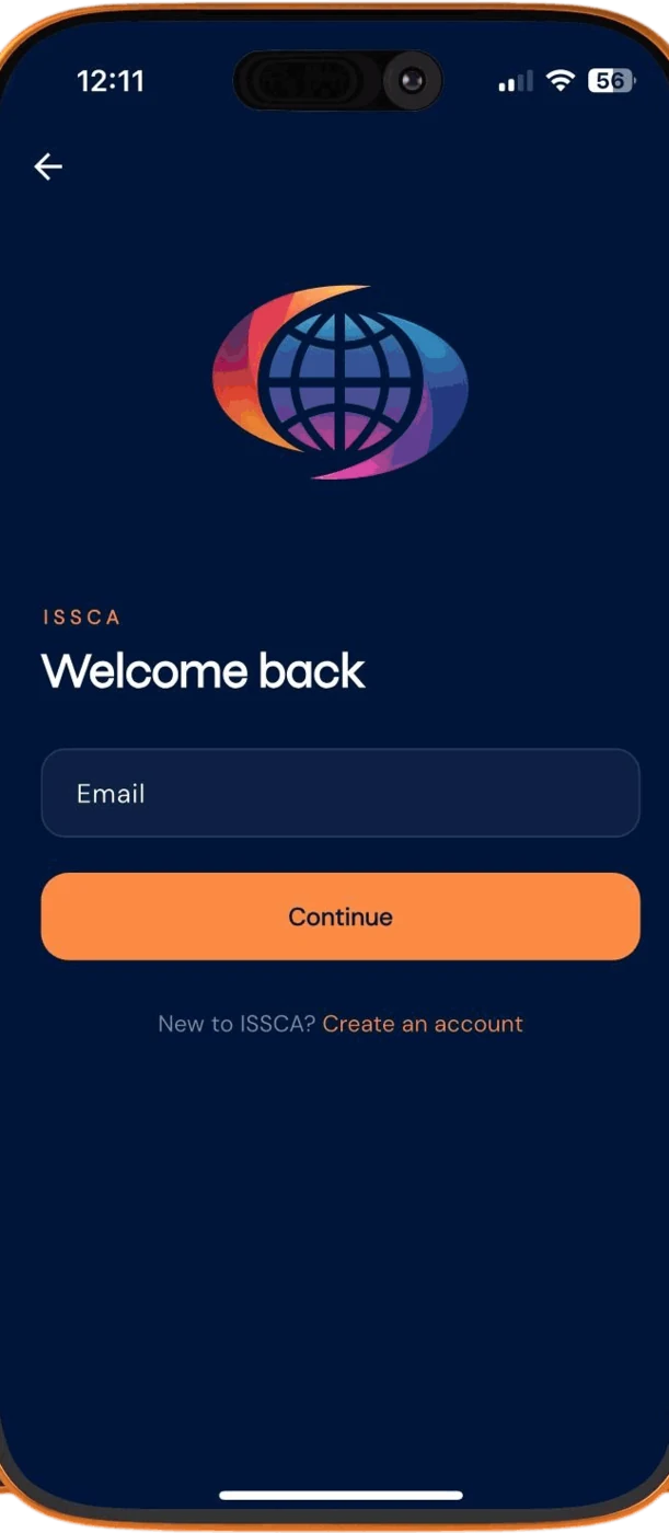 The ISSCA App sign-in screen on iPhone