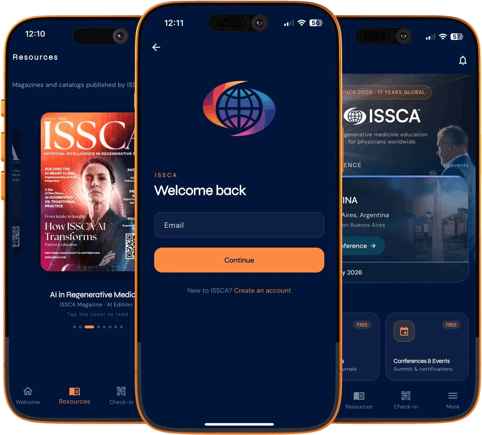 The ISSCA App on iPhone: Welcome, Resources and sign-in screens