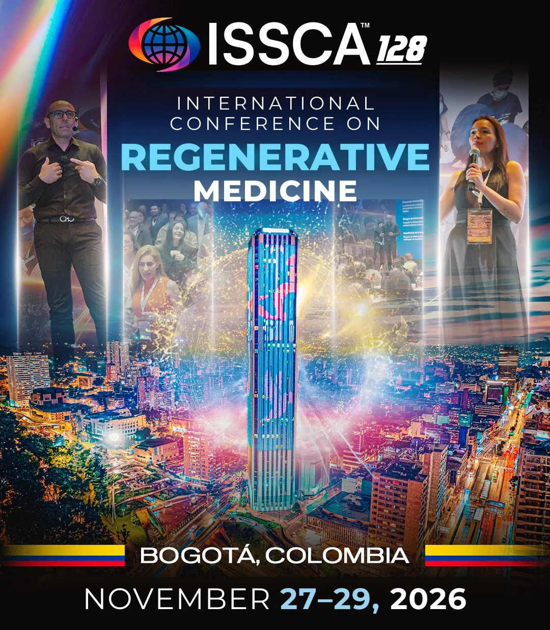 ISSCA 128 International Conference on Regenerative Medicine flyer — Bogotá, Colombia, November 27–29, 2026