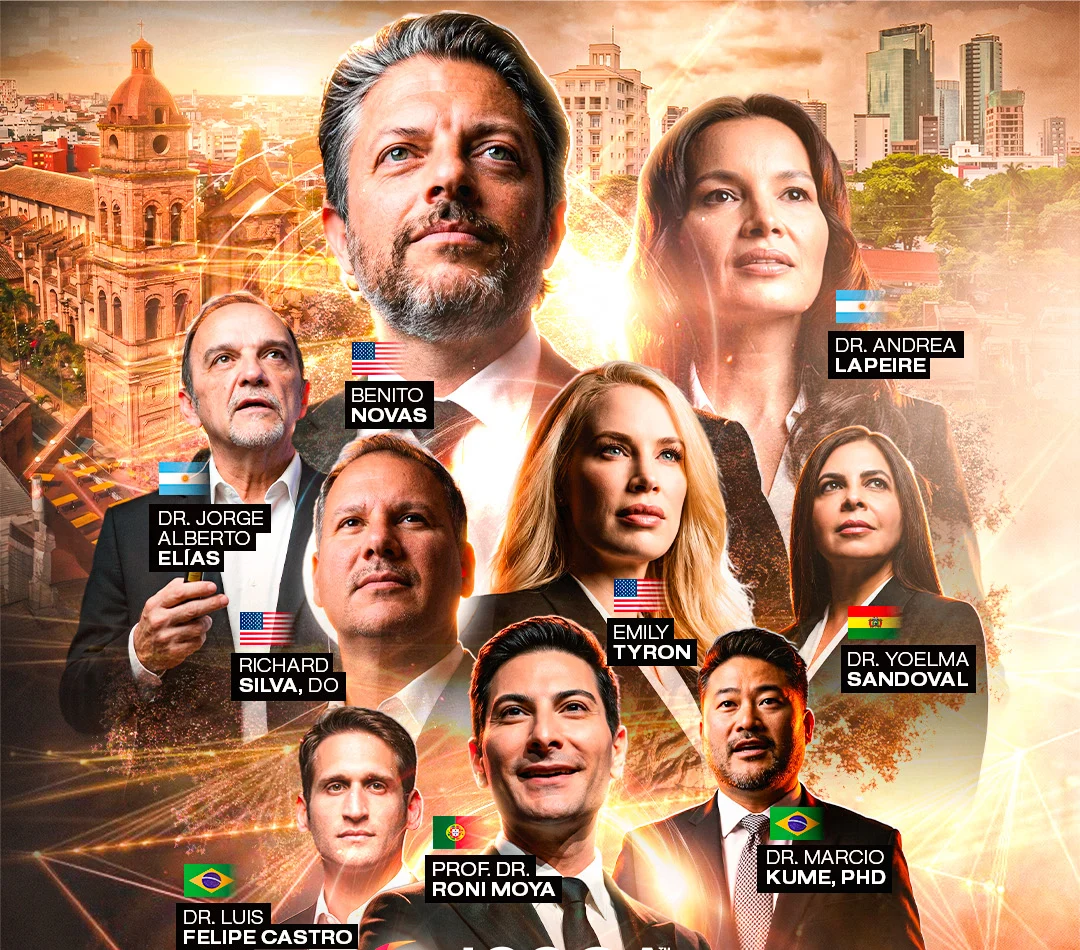 Conference faculty over the Santa Cruz skyline: Benito Novas, Dr. Andrea Lapeire, Dr. Jorge Alberto Elías, Richard Silva DO, Emily Tyron, Dr. Yoelma Sandoval, Prof. Dr. Roni Moya, Dr. Marcio Kume and Dr. Luis Felipe Castro Neves