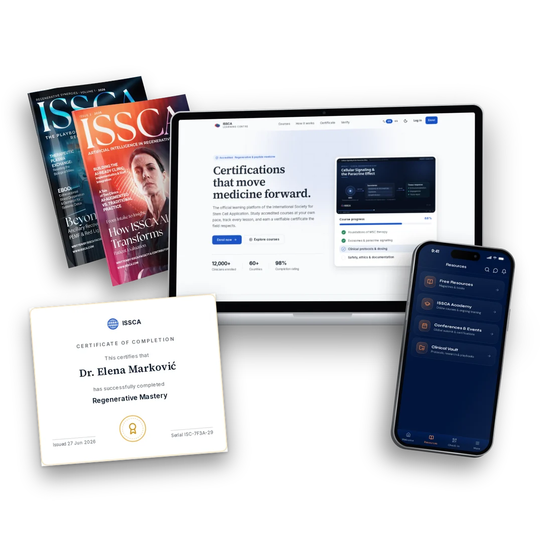 ISSCA membership: the Learning Centre on a laptop, the ISSCA App, 2026 ISSCA magazines and a certificate of completion