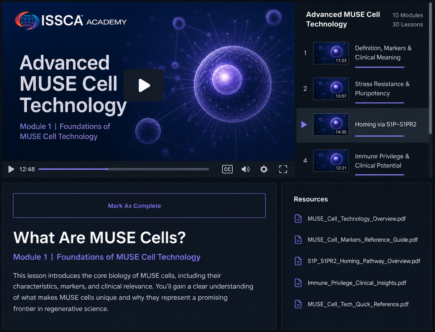 ISSCA Academy Advanced MUSE Cell Technology course dashboard